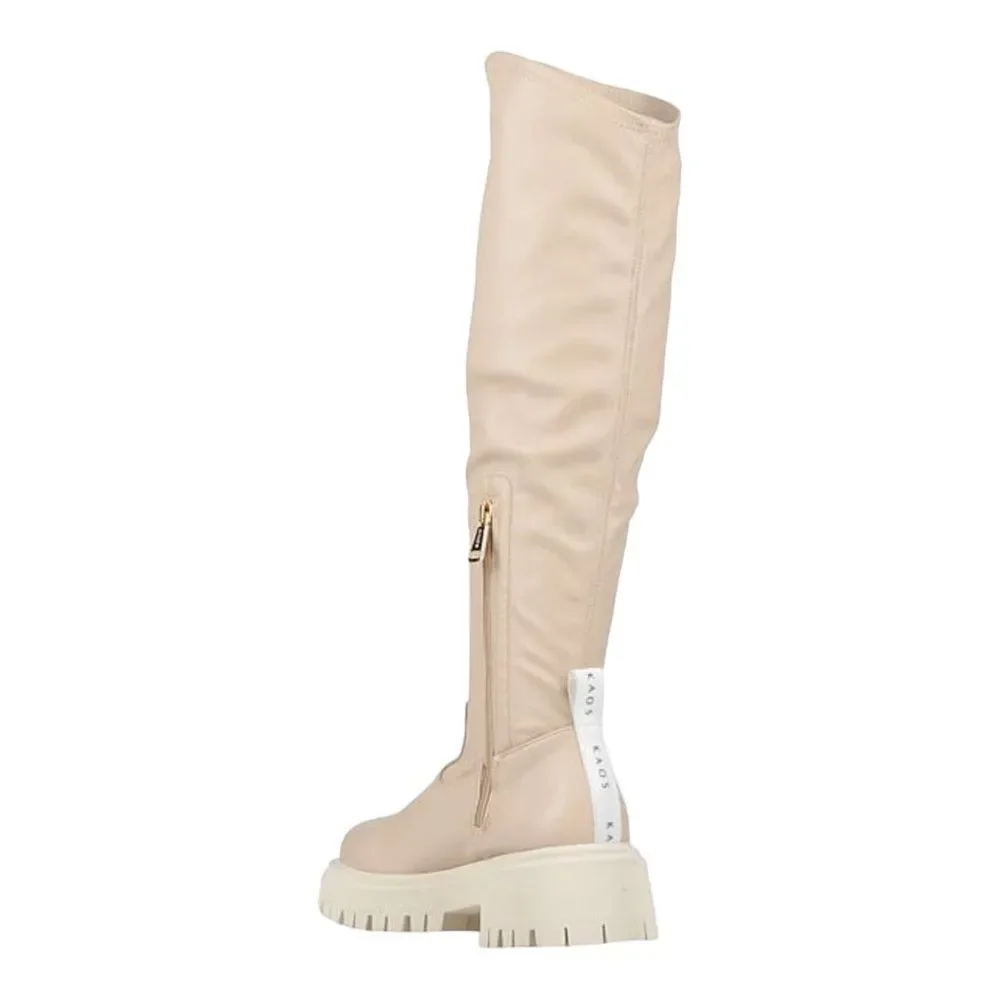 Beige Above Knee Tall Chunky Heel Combat Boots NEW